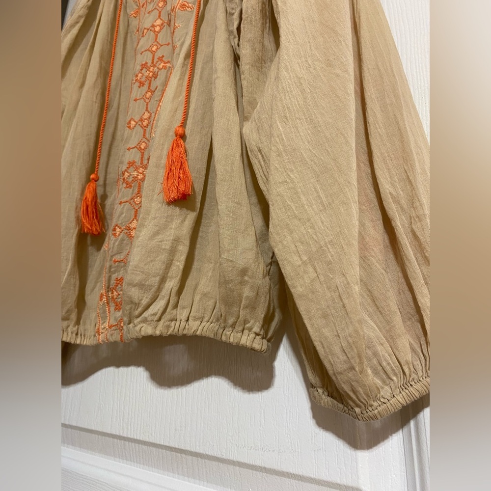 Lucky Brand Cream Boho Tassel Cotton Lightweight Flowy Coastal Blouse Size Small - Picture 4 of 7